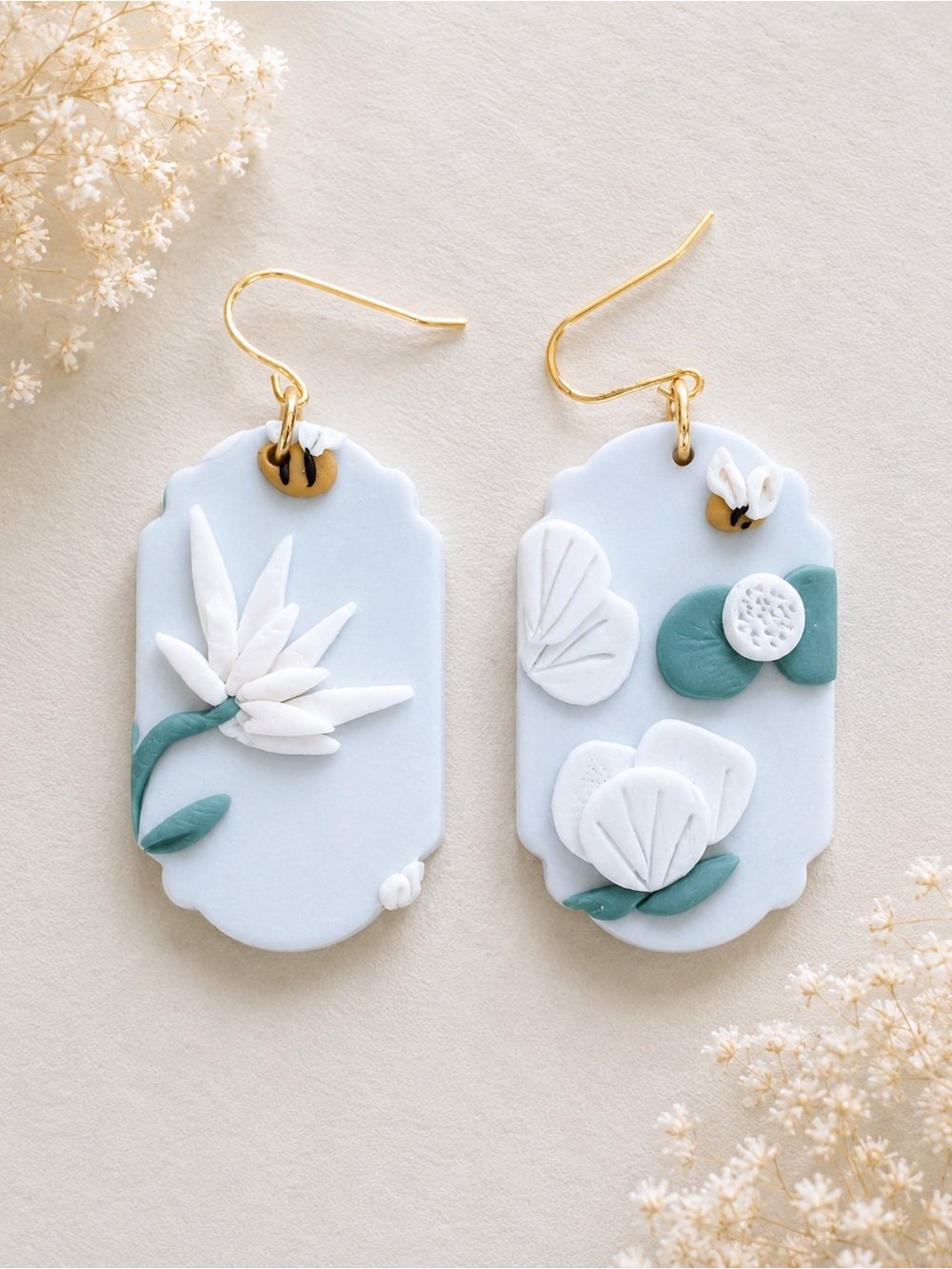 Handcrafted Floral Polymer Clay Dangle Earrings in Light Blue & White
